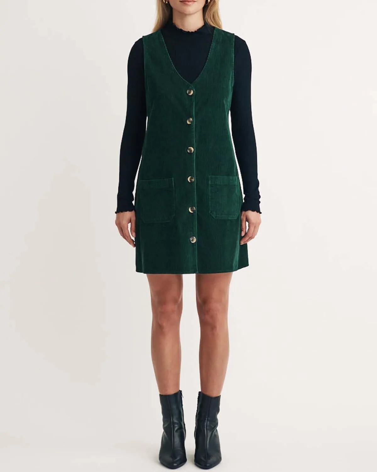 Women's Overall Dress V Neck Button Down Sleeveless Jumper Corduroy Mini Pinafore Dress with Pockets