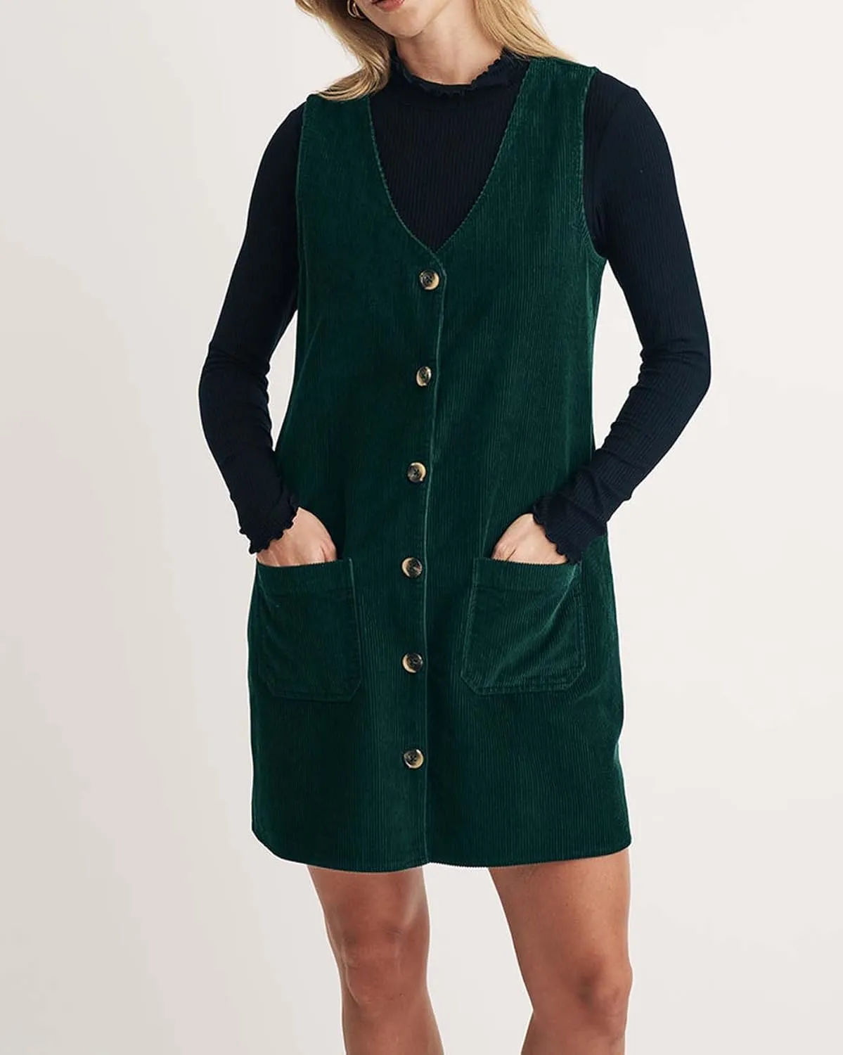 Women's Overall Dress V Neck Button Down Sleeveless Jumper Corduroy Mini Pinafore Dress with Pockets