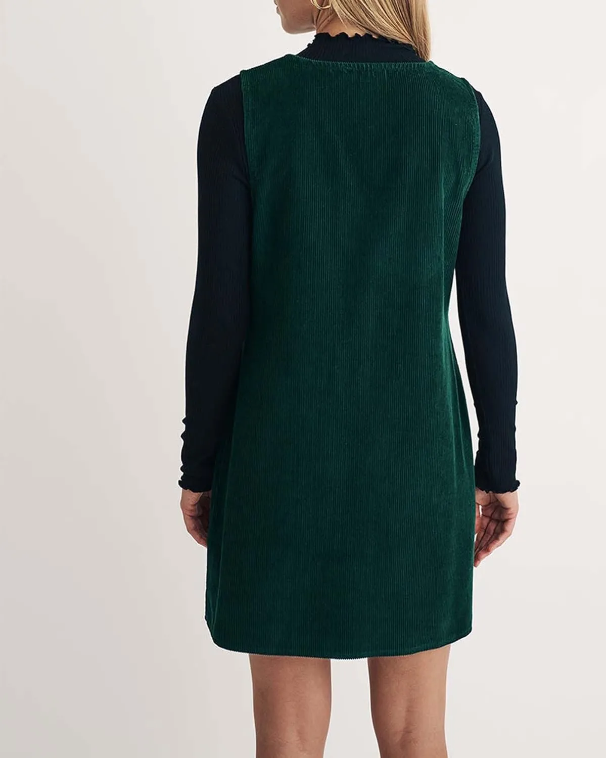 Women's Overall Dress V Neck Button Down Sleeveless Jumper Corduroy Mini Pinafore Dress with Pockets