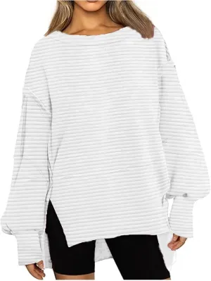 Womens Oversized Sweatshirts Hoodies Fall 2024 Outfits Crewneck Long Sleeve Casual Loose Fit Side Slit Pullover Tops