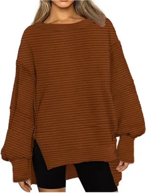 Womens Oversized Sweatshirts Hoodies Fall 2024 Outfits Crewneck Long Sleeve Casual Loose Fit Side Slit Pullover Tops