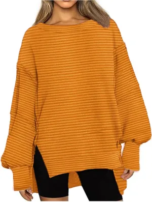 Womens Oversized Sweatshirts Hoodies Fall 2024 Outfits Crewneck Long Sleeve Casual Loose Fit Side Slit Pullover Tops