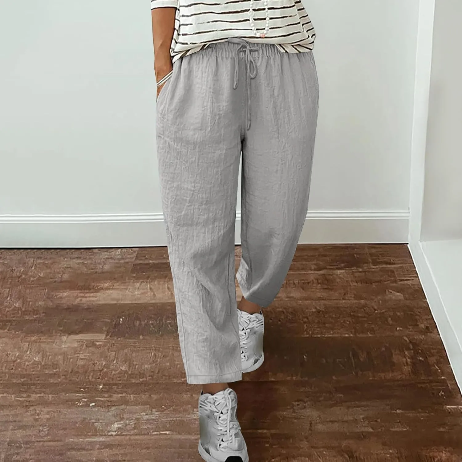 Women's Plus Size Linen Pants Summer Loose Pants Casual Drawstring Pants with Pockets Elastic Waist Lounge Pants