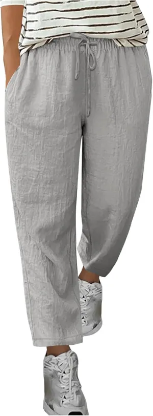 Women's Plus Size Linen Pants Summer Loose Pants Casual Drawstring Pants with Pockets Elastic Waist Lounge Pants