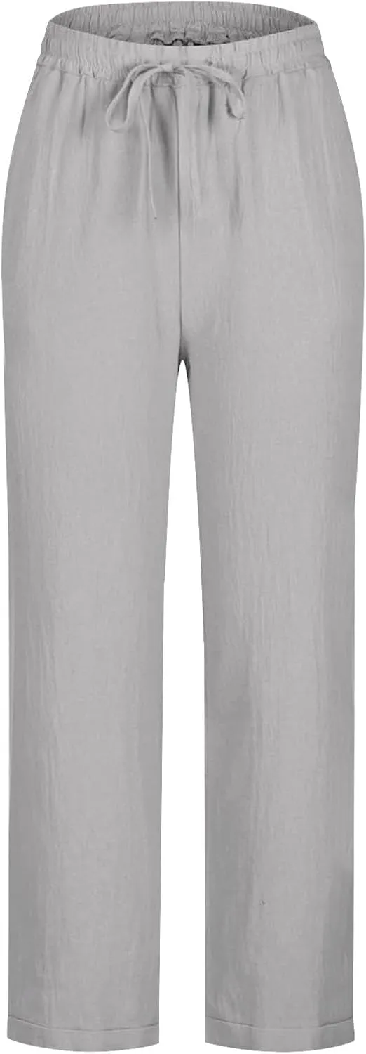 Women's Plus Size Linen Pants Summer Loose Pants Casual Drawstring Pants with Pockets Elastic Waist Lounge Pants