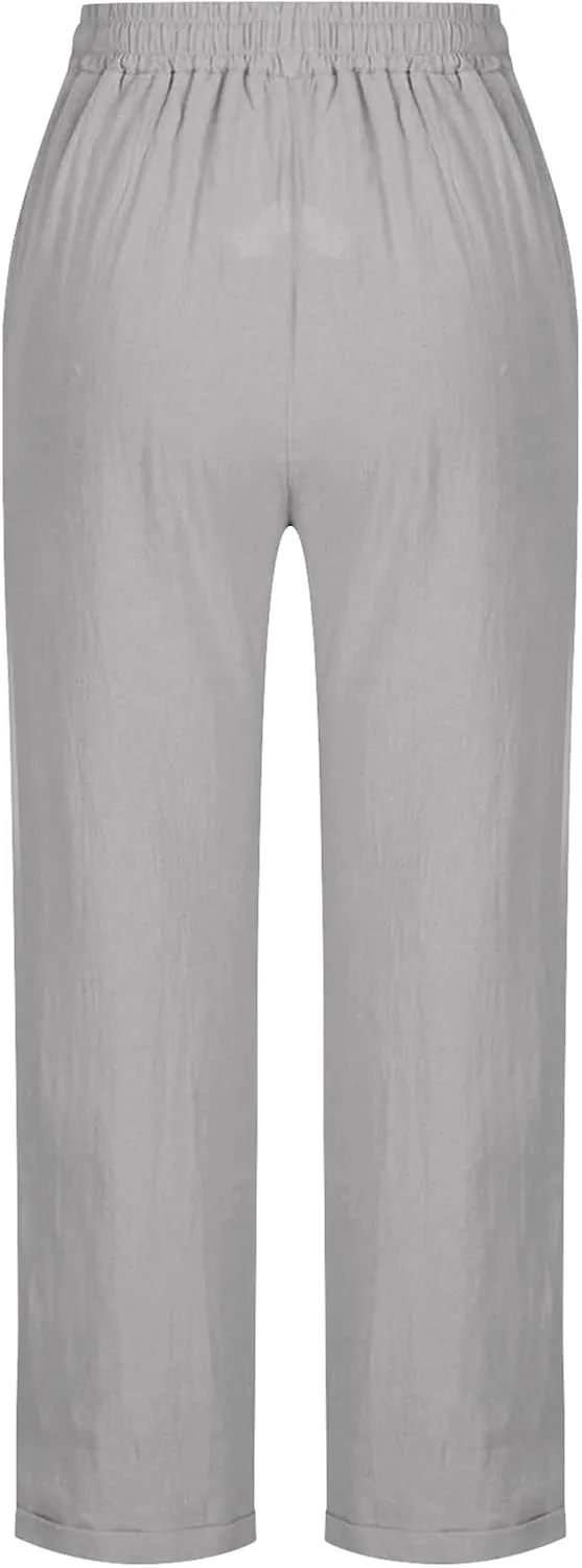 Women's Plus Size Linen Pants Summer Loose Pants Casual Drawstring Pants with Pockets Elastic Waist Lounge Pants