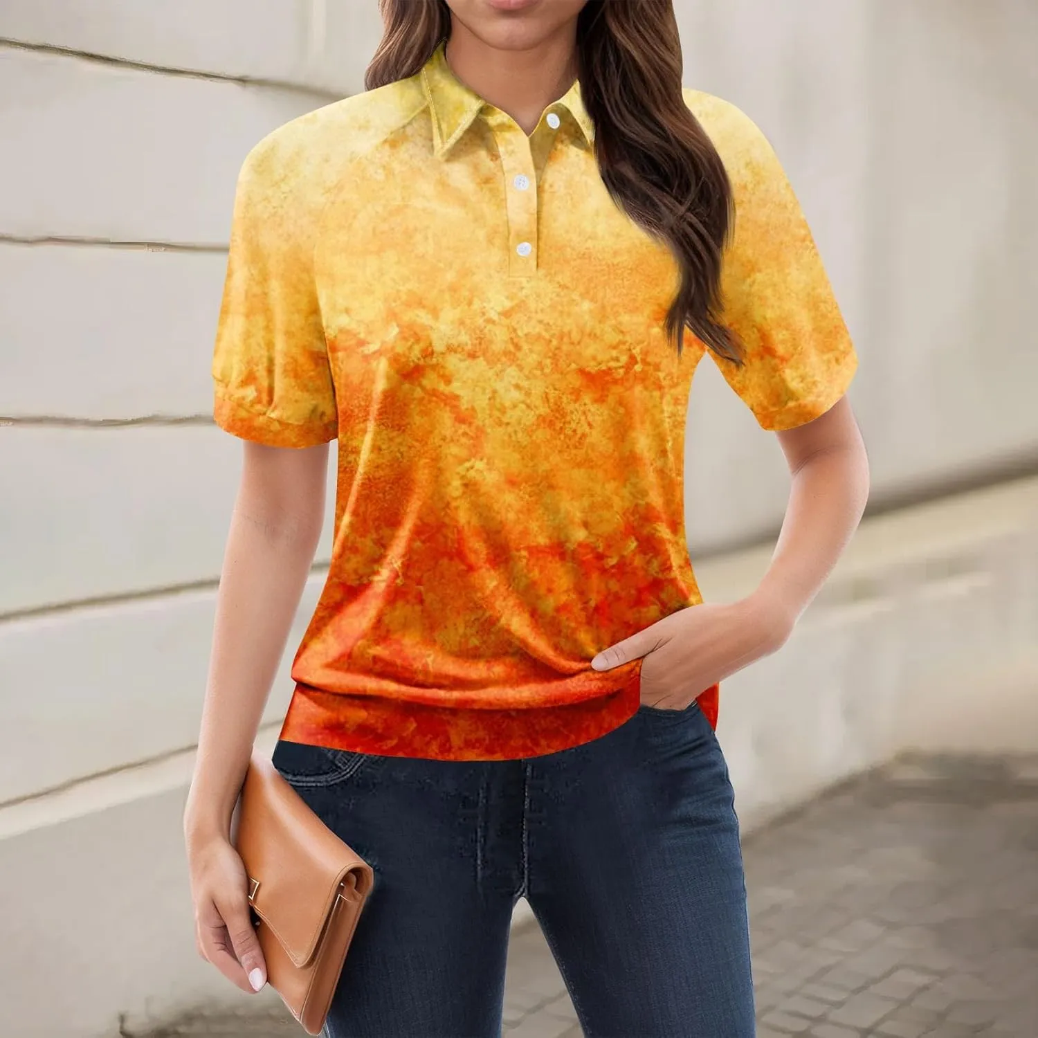 Women's Polo Shirts Womens Summer V Neck Tee Fashion Gradient Color Collar Shirts Women Short Sleeve Polo Tops