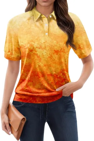 Women's Polo Shirts Womens Summer V Neck Tee Fashion Gradient Color Collar Shirts Women Short Sleeve Polo Tops
