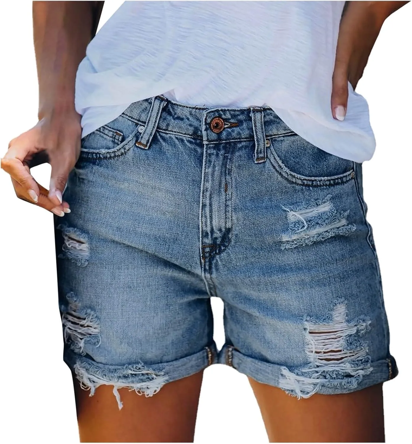 Women's Ripped Denim Shorts Trendy High Waisted Casual Summer Y2k Stretchy Baggy Girls Distressed Raw Hem Jean Shorts