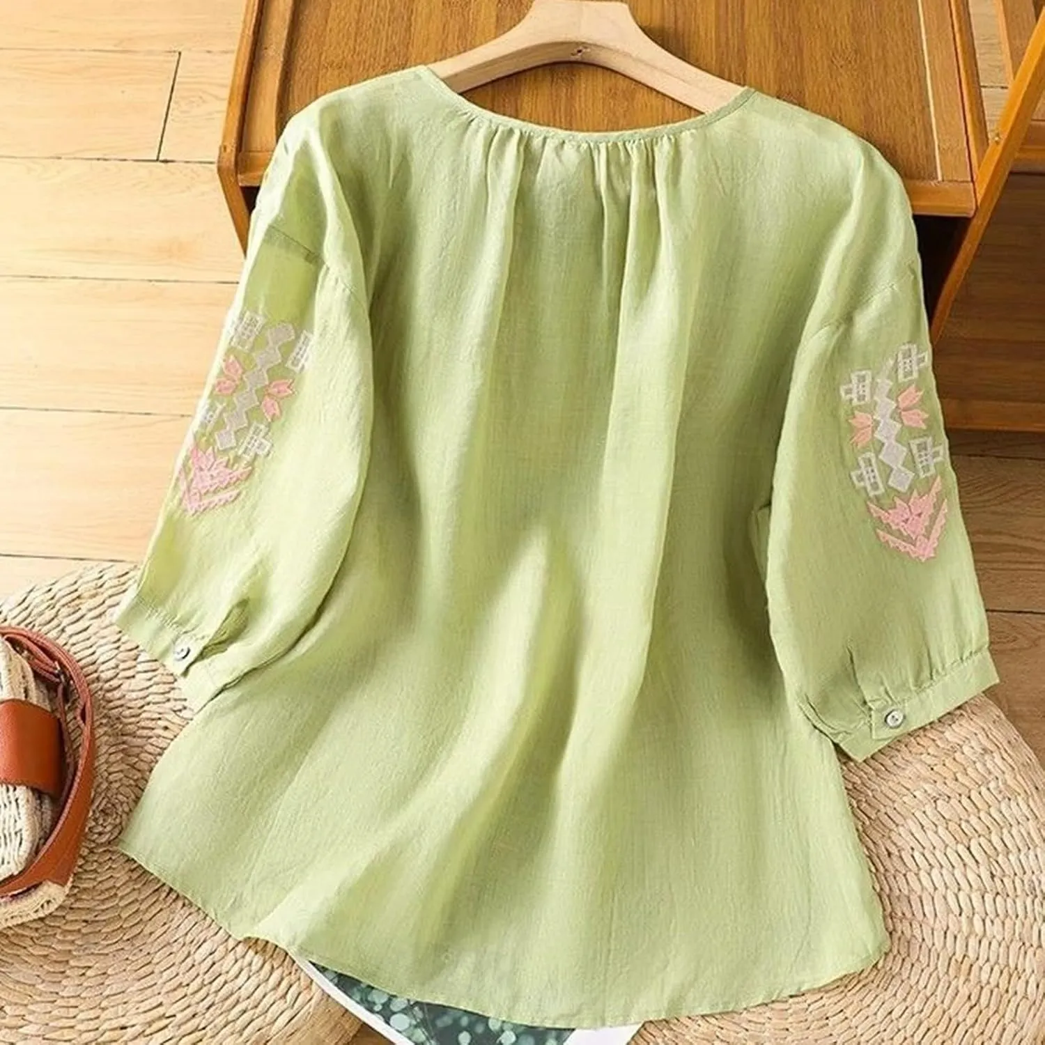 Women's Short Sleeve Cotton Linen Shirts Casual Crew Neck Henley T Shirts Boho Loose Summer Tops
