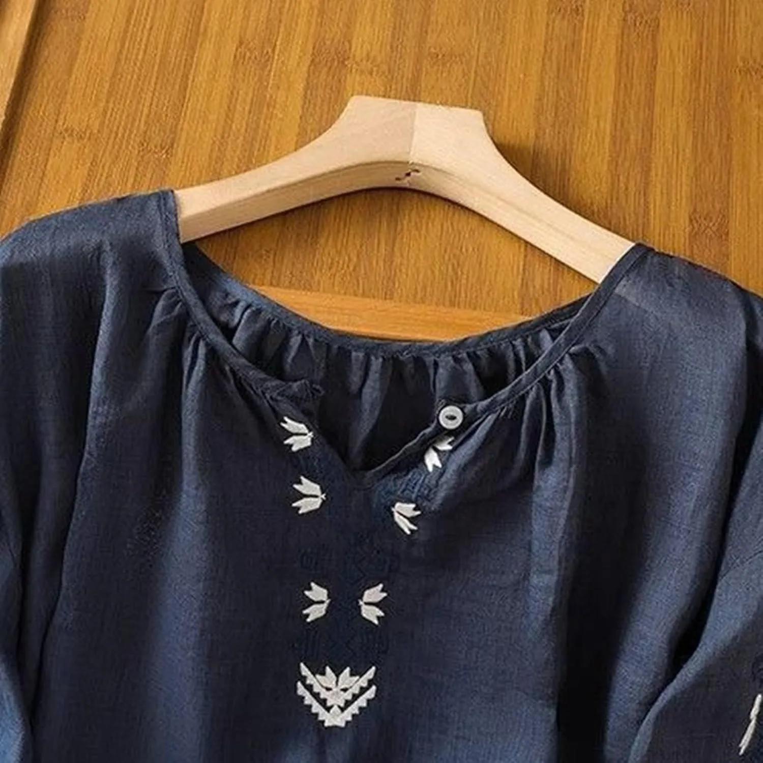 Women's Short Sleeve Cotton Linen Shirts Casual Crew Neck Henley T Shirts Boho Loose Summer Tops