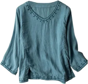 Women's Short Sleeve Cotton Linen Shirts Casual Crew Neck Henley T Shirts Boho Loose Summer Tops