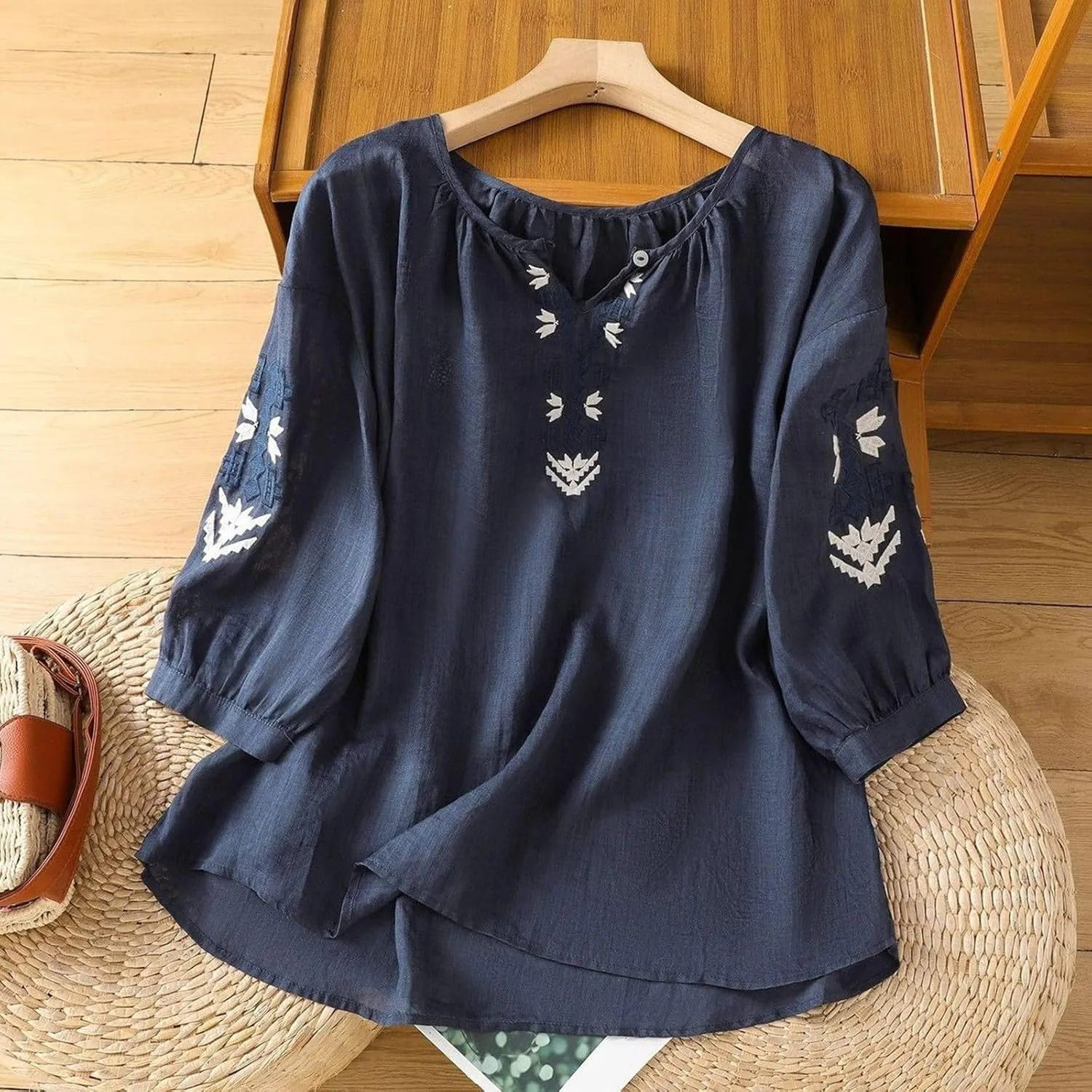 Women's Short Sleeve Cotton Linen Shirts Casual Crew Neck Henley T Shirts Boho Loose Summer Tops