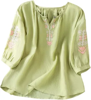 Women's Short Sleeve Cotton Linen Shirts Casual Crew Neck Henley T Shirts Boho Loose Summer Tops