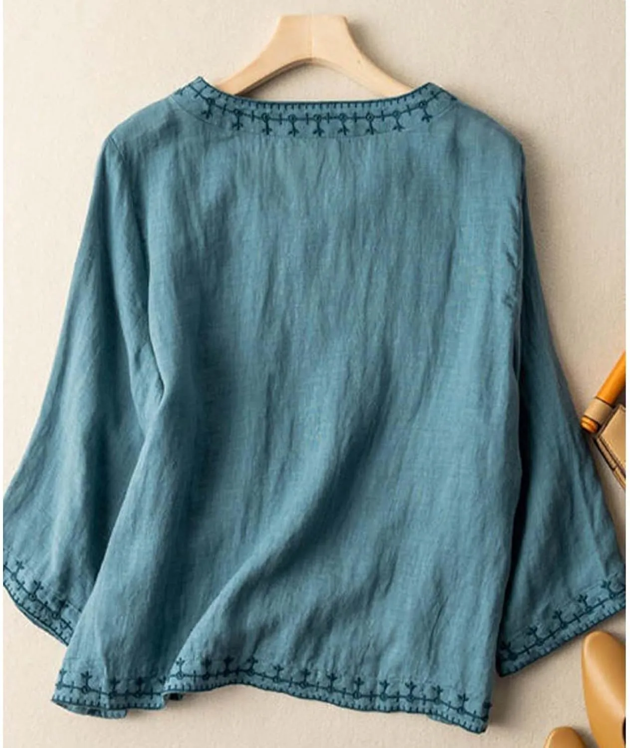 Women's Short Sleeve Cotton Linen Shirts Casual Crew Neck Henley T Shirts Boho Loose Summer Tops
