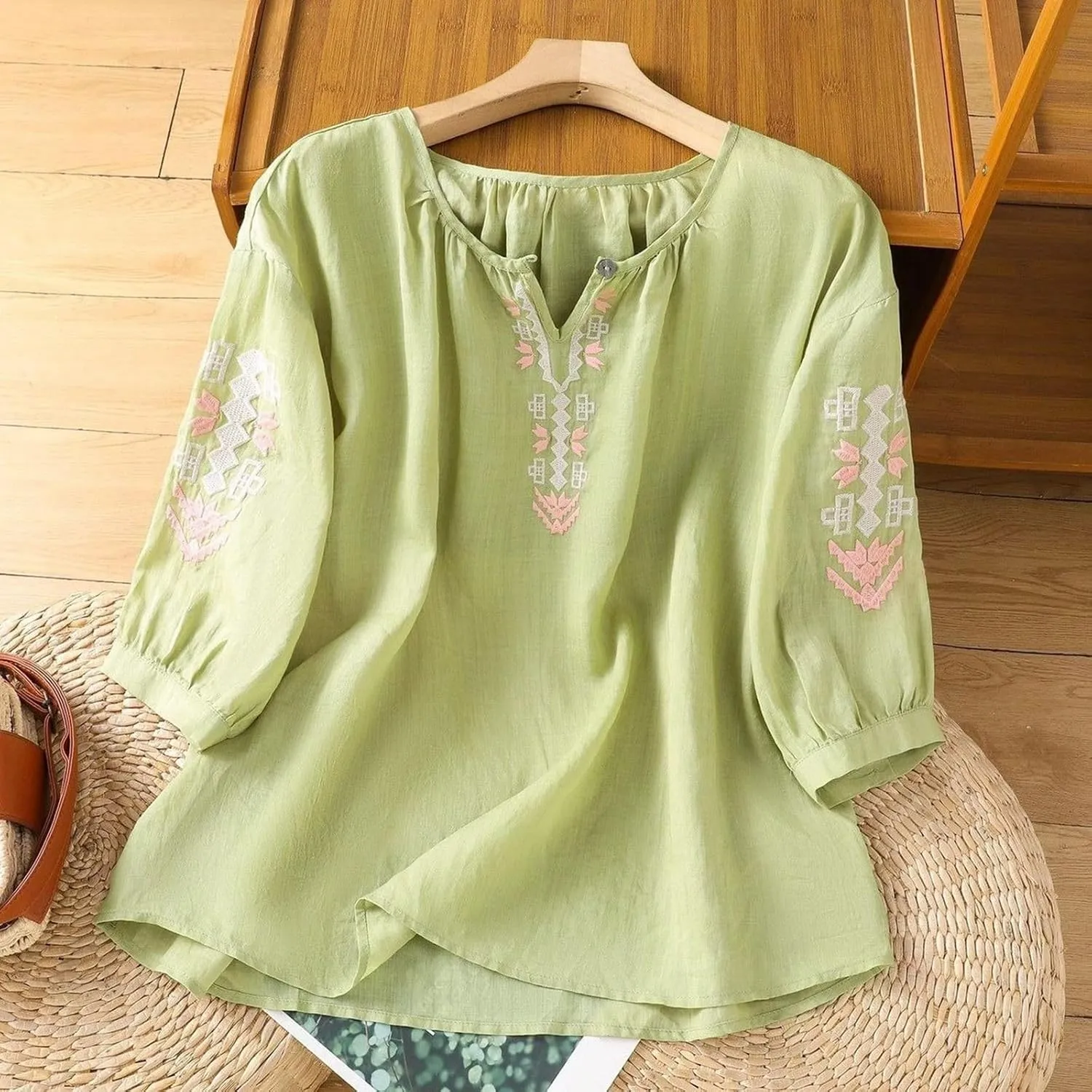 Women's Short Sleeve Cotton Linen Shirts Casual Crew Neck Henley T Shirts Boho Loose Summer Tops