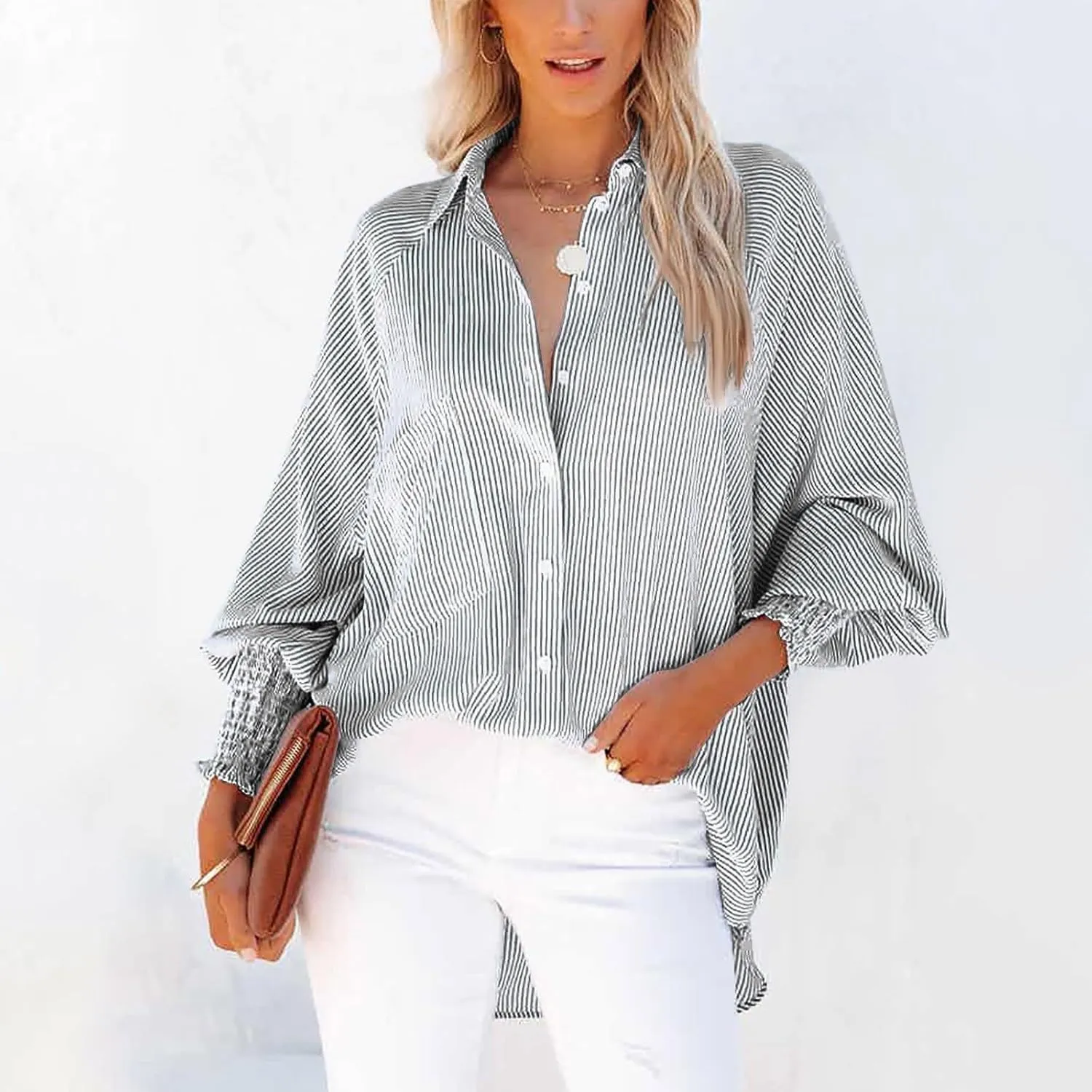 Women's Smocked Cuffed Striped Boyfriend Oversized Shirt with Pocket 2024 Trendy Casual Collar Long Sleeve Blouse Tops