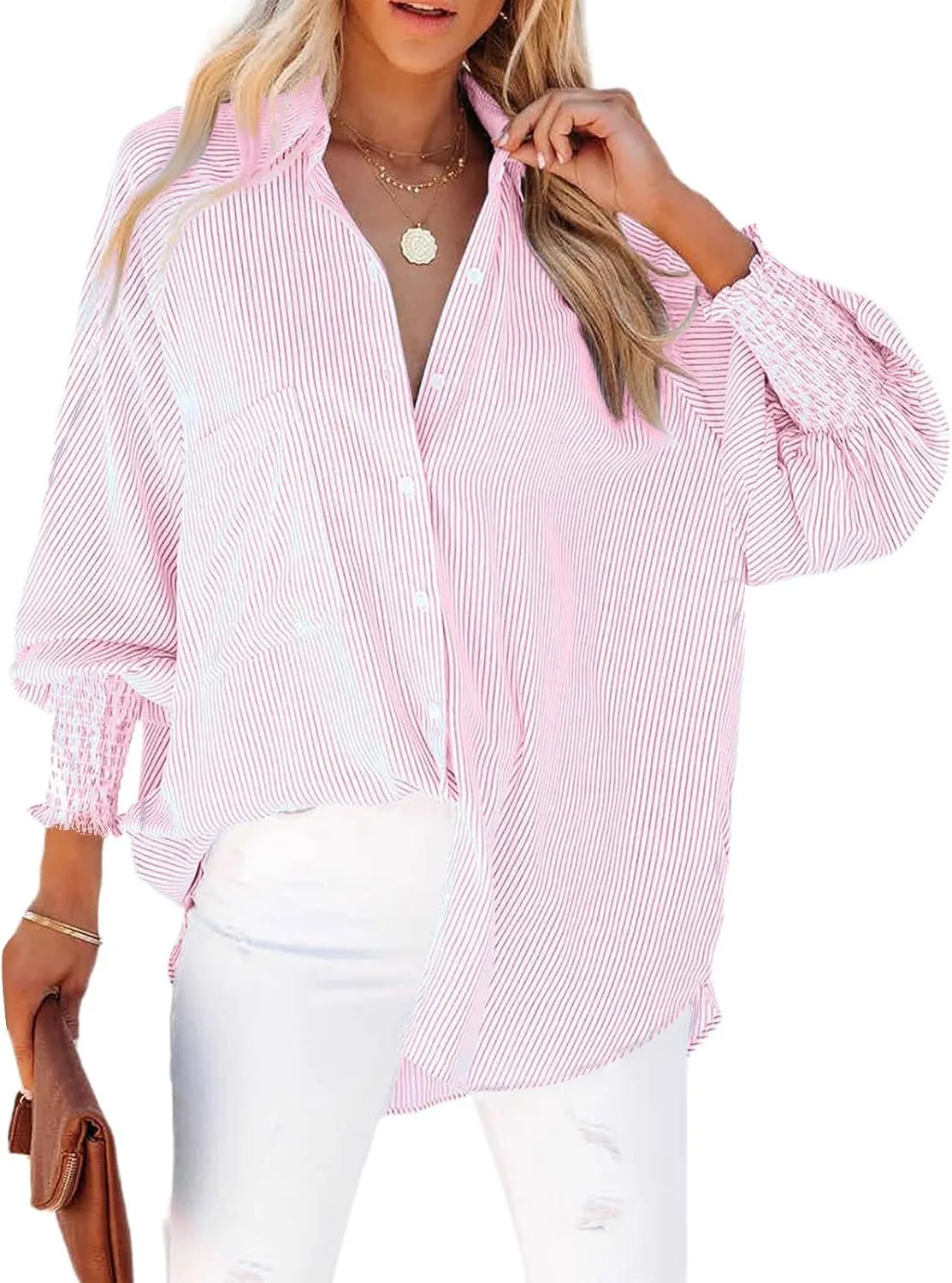 Women's Smocked Cuffed Striped Boyfriend Oversized Shirt with Pocket 2024 Trendy Casual Collar Long Sleeve Blouse Tops