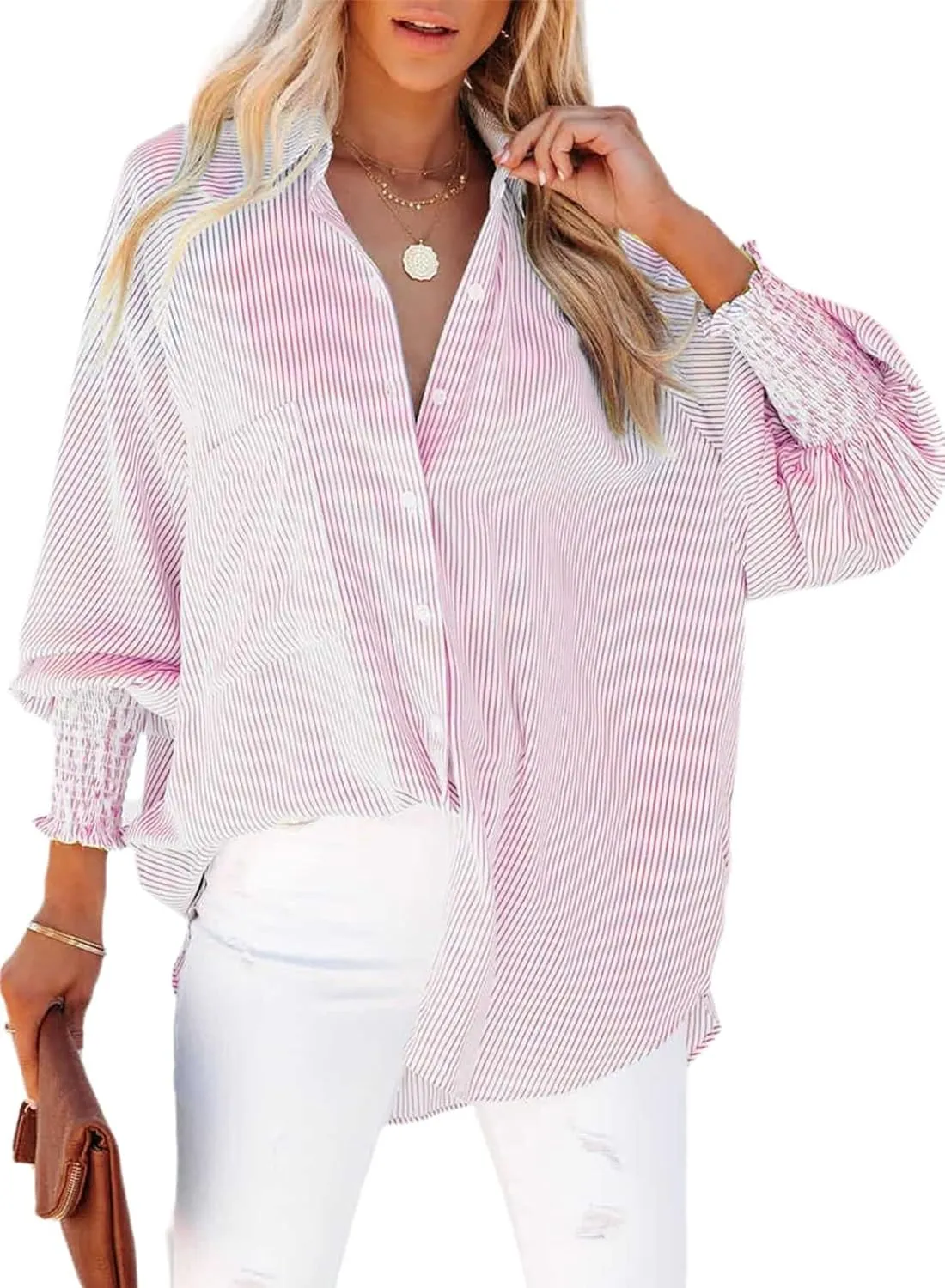 Women's Smocked Cuffed Striped Boyfriend Oversized Shirt with Pocket 2024 Trendy Casual Collar Long Sleeve Blouse Tops