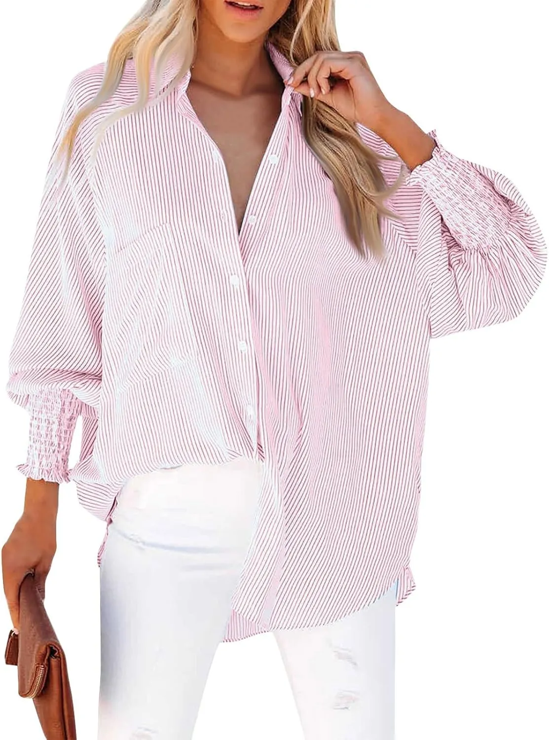 Women's Smocked Cuffed Striped Boyfriend Oversized Shirt with Pocket 2024 Trendy Casual Collar Long Sleeve Blouse Tops