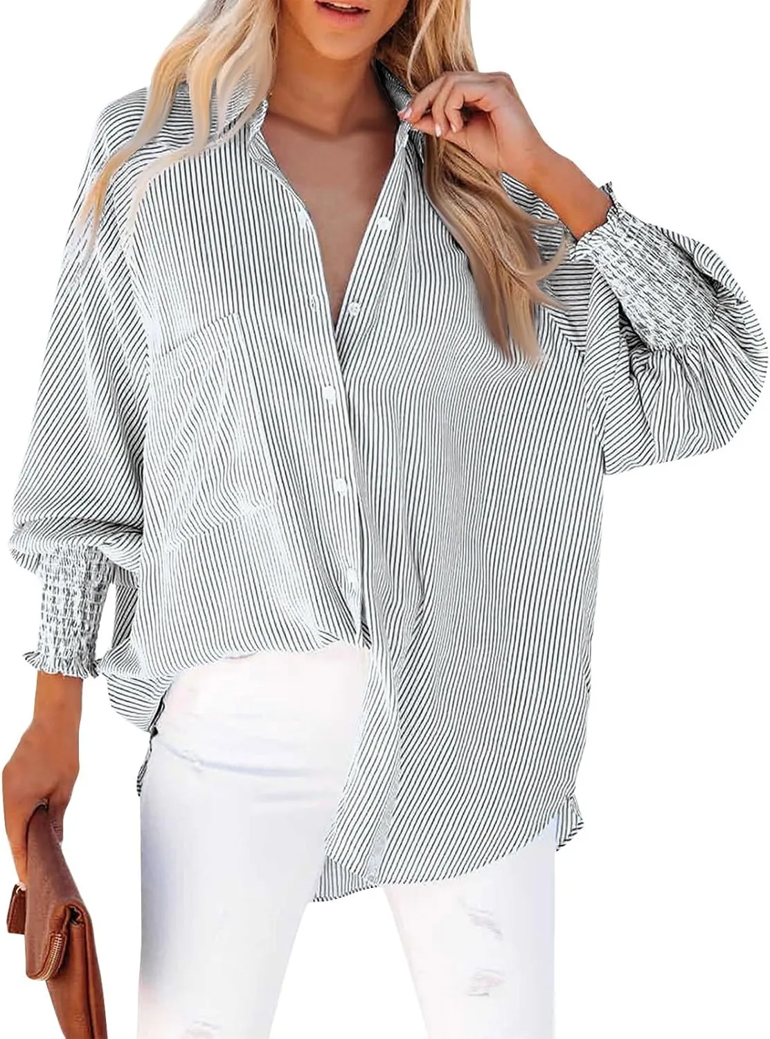 Women's Smocked Cuffed Striped Boyfriend Oversized Shirt with Pocket 2024 Trendy Casual Collar Long Sleeve Blouse Tops