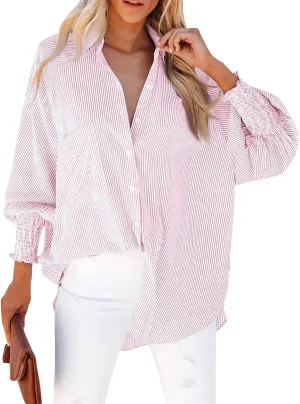 Women's Smocked Cuffed Striped Boyfriend Oversized Shirt with Pocket 2024 Trendy Casual Collar Long Sleeve Blouse Tops