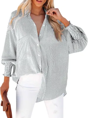 Women's Smocked Cuffed Striped Boyfriend Oversized Shirt with Pocket 2024 Trendy Casual Collar Long Sleeve Blouse Tops
