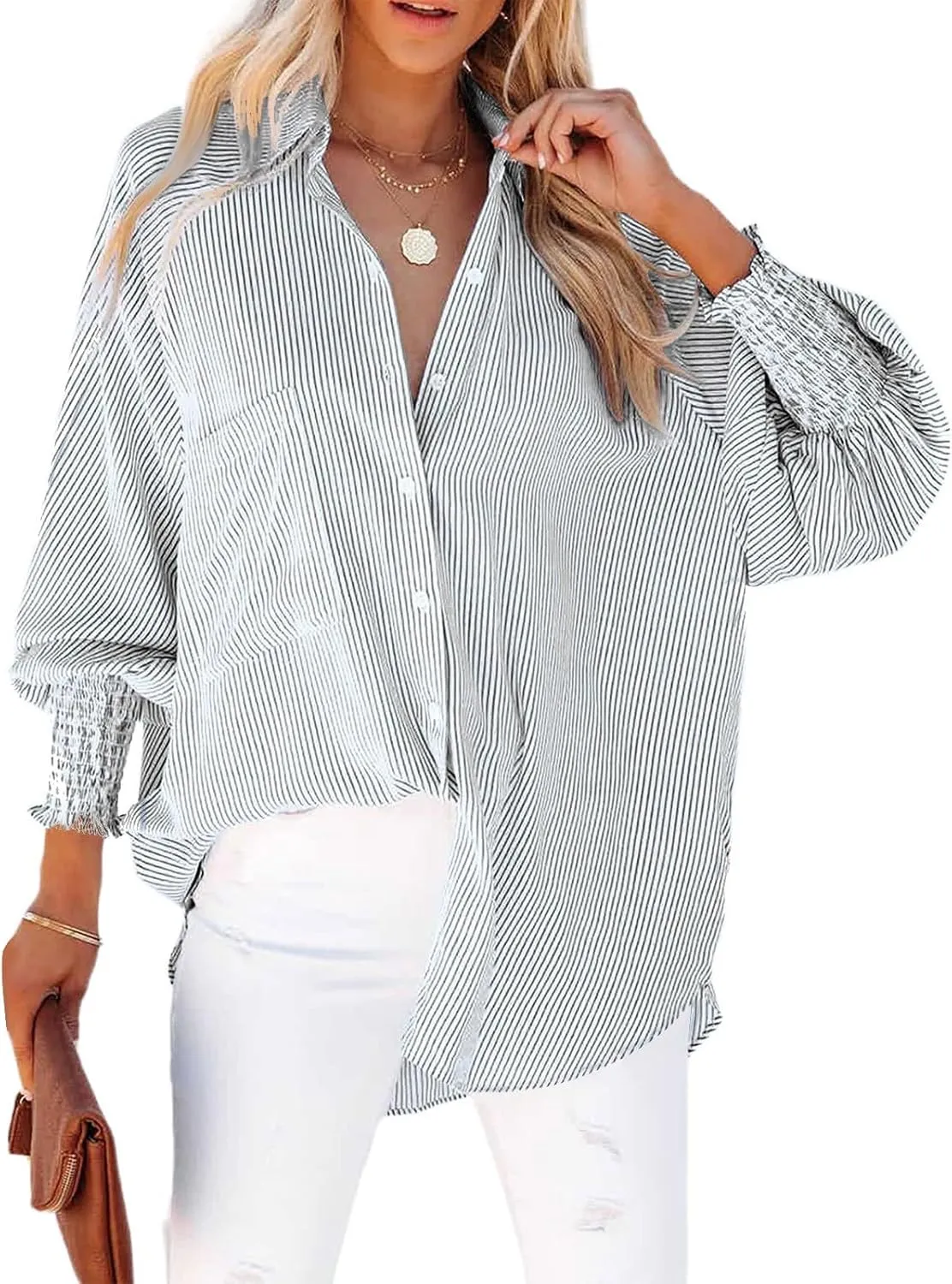 Women's Smocked Cuffed Striped Boyfriend Oversized Shirt with Pocket 2024 Trendy Casual Collar Long Sleeve Blouse Tops