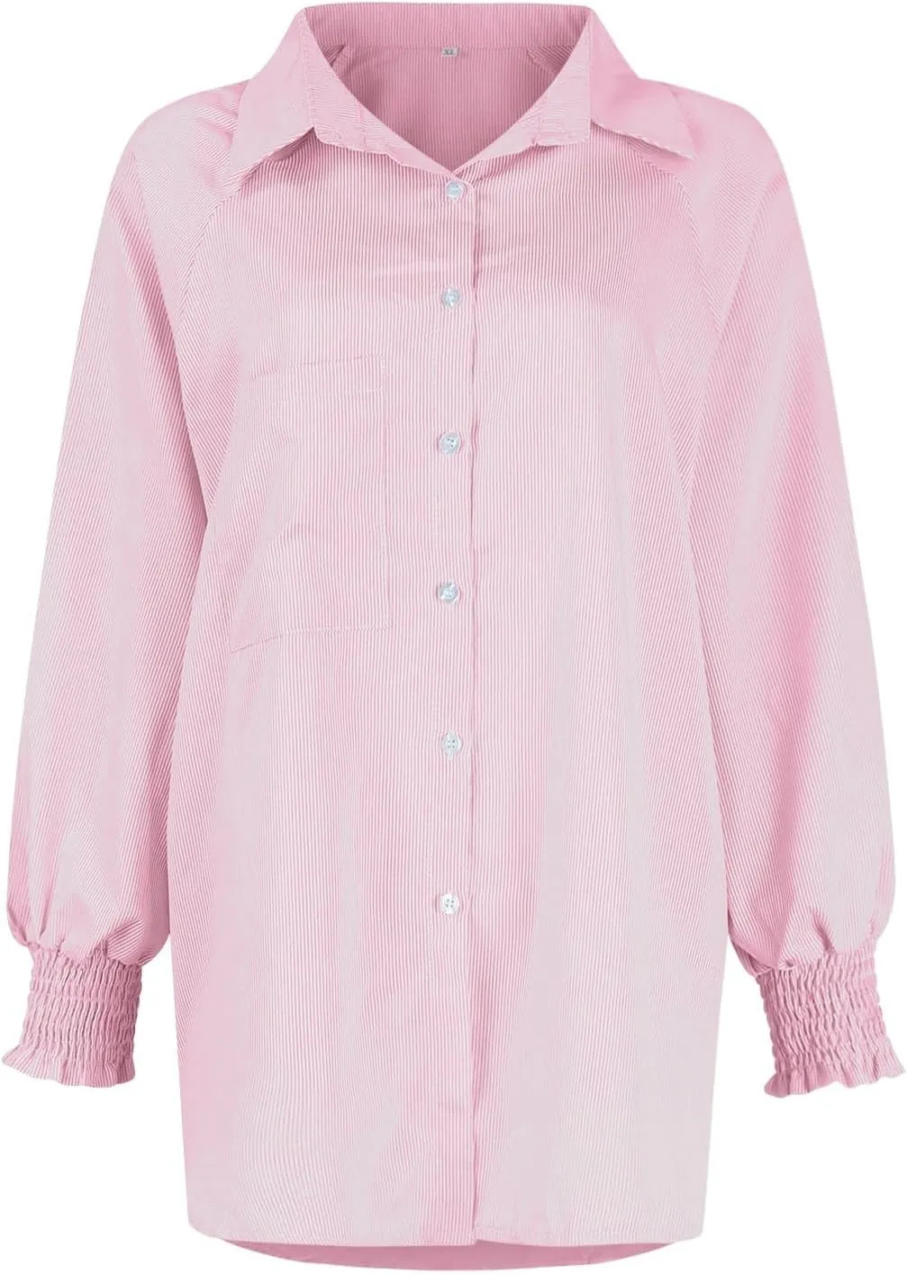 Women's Smocked Cuffed Striped Boyfriend Oversized Shirt with Pocket 2024 Trendy Casual Collar Long Sleeve Blouse Tops