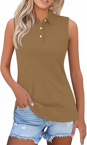 Women's Solid Sleeveless Tank Tops Summer Button Down Shirts Office Ladies Shirts
