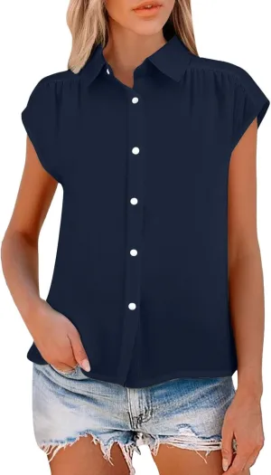 Women's Solid Sleeveless Tank Tops Summer Button Down Shirts Office Ladies Shirts