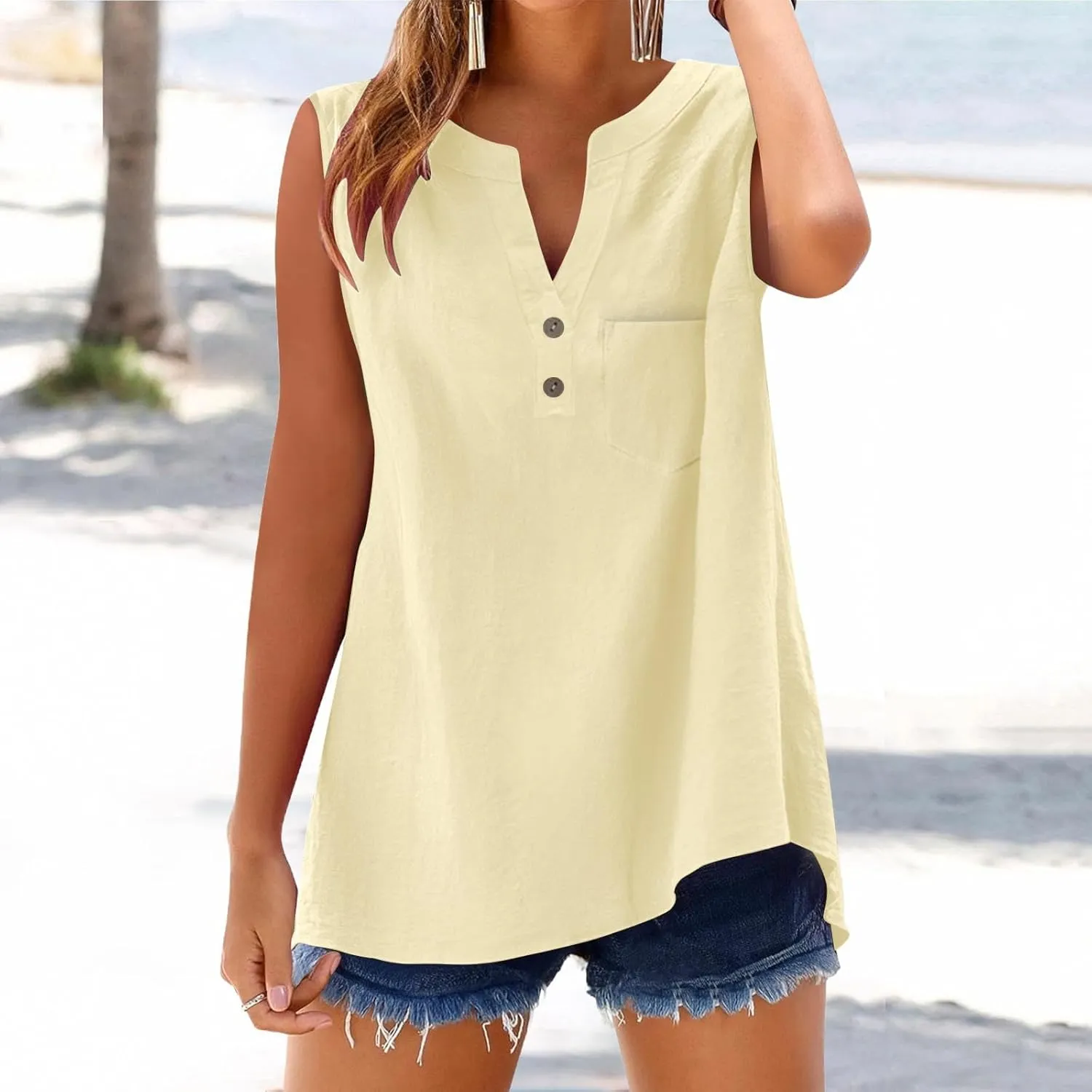 Women's Solid Sleeveless Tank Tops Summer Button Down Shirts Office Ladies Shirts