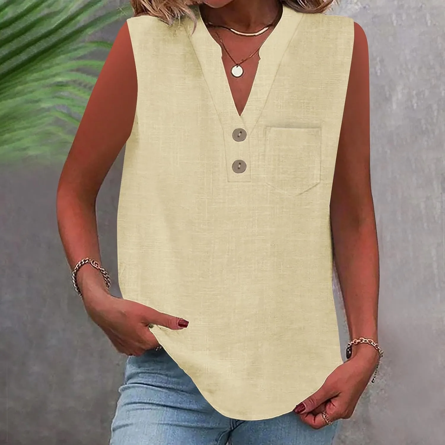 Women's Solid Sleeveless Tank Tops Summer Button Down Shirts Office Ladies Shirts