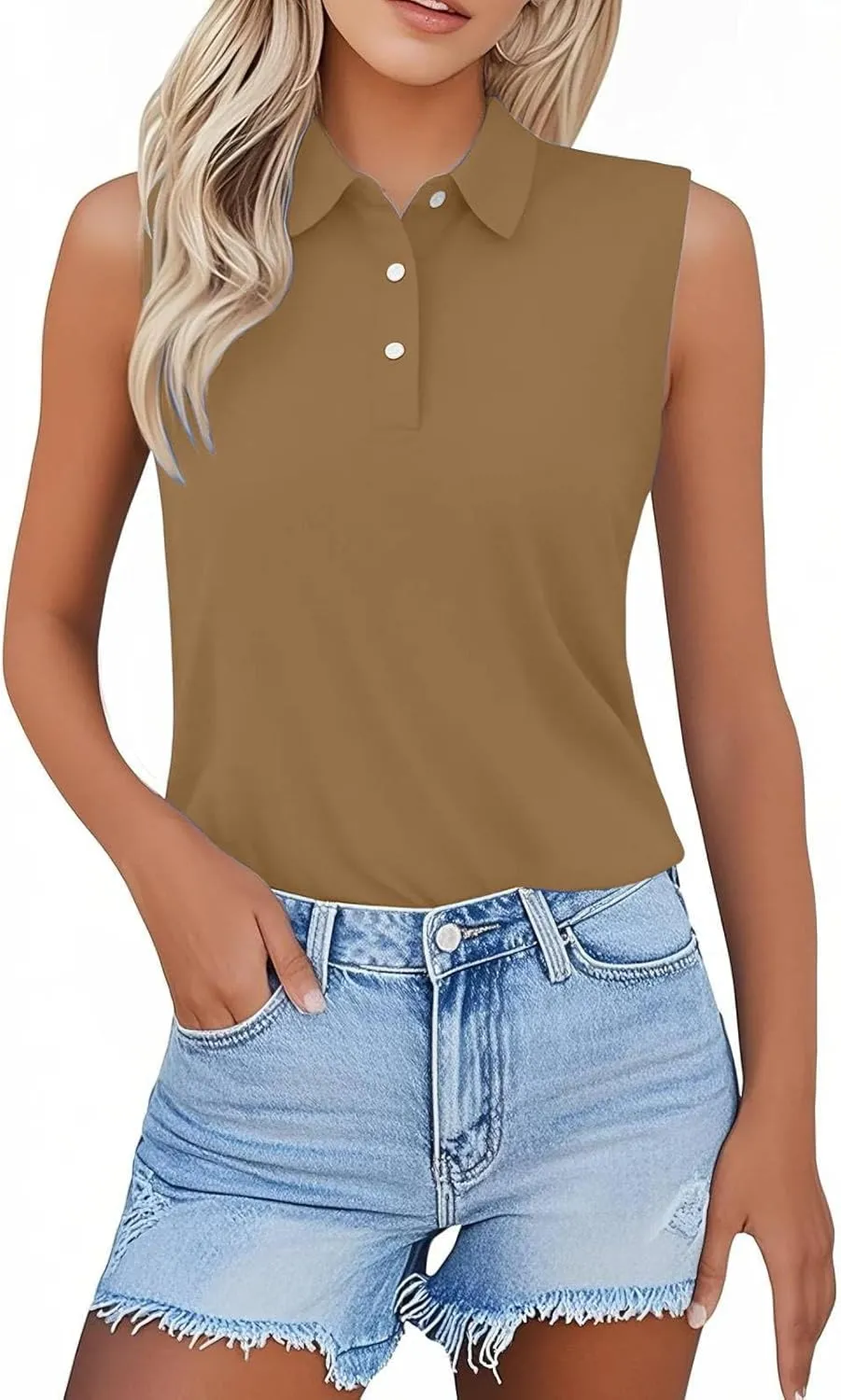 Women's Solid Sleeveless Tank Tops Summer Button Down Shirts Office Ladies Shirts