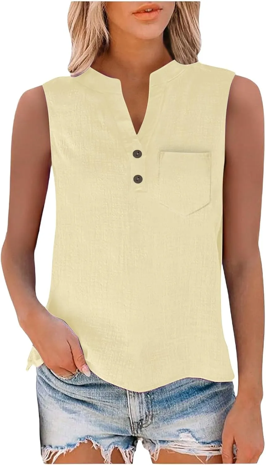 Women's Solid Sleeveless Tank Tops Summer Button Down Shirts Office Ladies Shirts