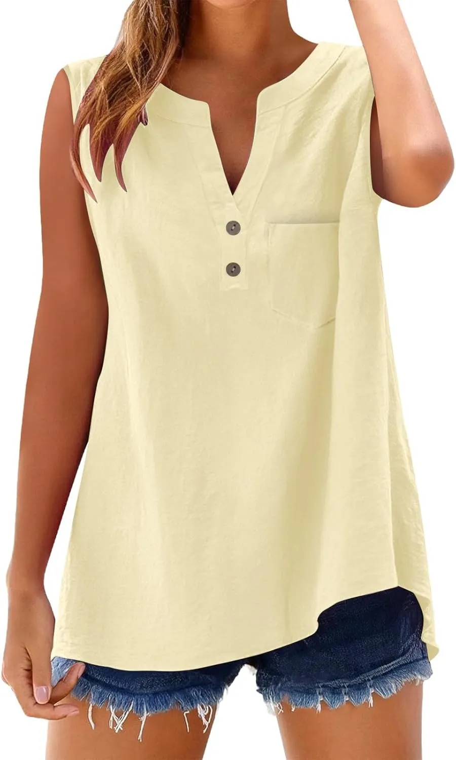 Women's Solid Sleeveless Tank Tops Summer Button Down Shirts Office Ladies Shirts