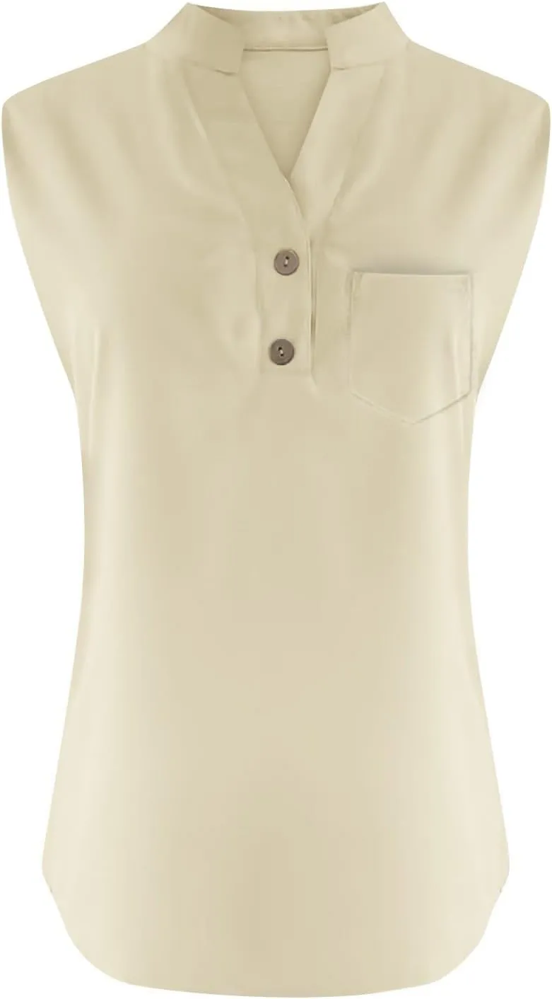 Women's Solid Sleeveless Tank Tops Summer Button Down Shirts Office Ladies Shirts