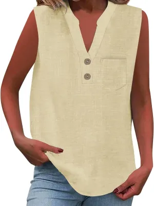 Women's Solid Sleeveless Tank Tops Summer Button Down Shirts Office Ladies Shirts