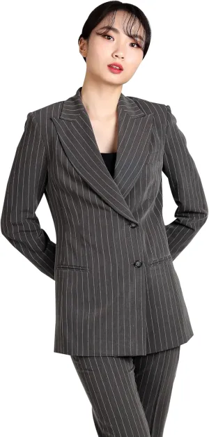 Women's Stripe Double Suit, Tailored Two-Button Jacket with Peaked Lapel, Structured Shoulder Pads, Slim Straight Pants