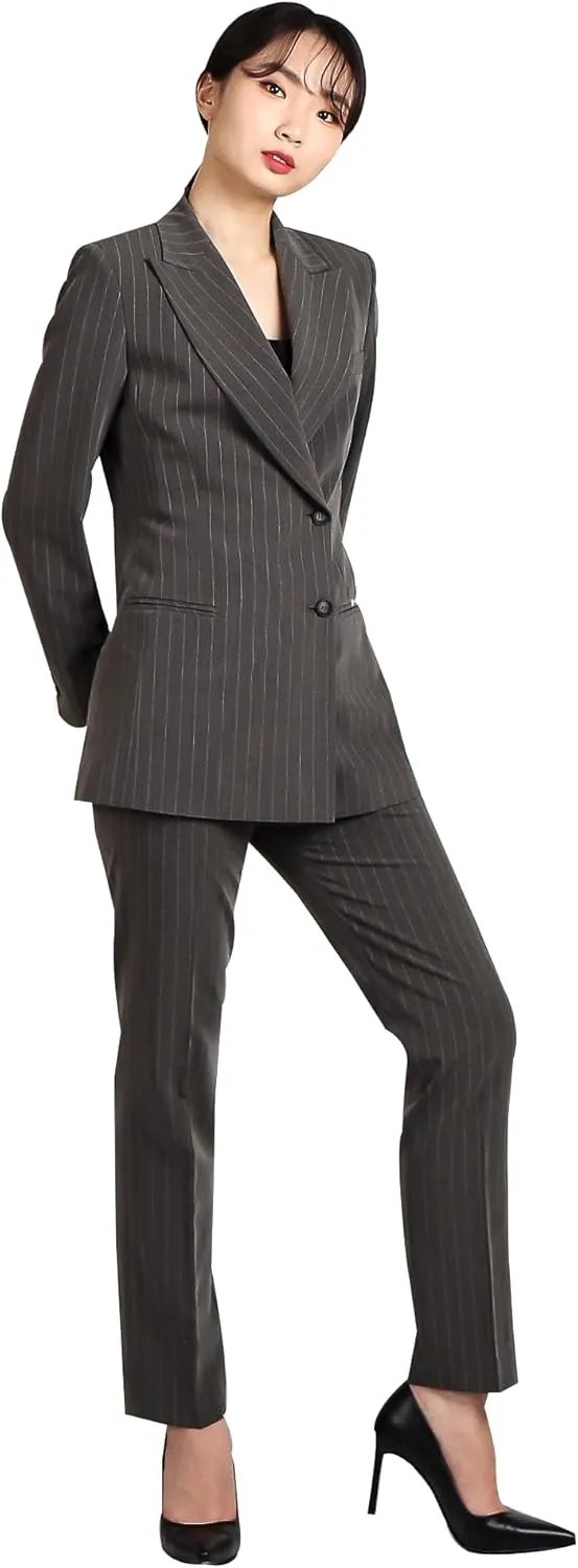 Women's Stripe Double Suit, Tailored Two-Button Jacket with Peaked Lapel, Structured Shoulder Pads, Slim Straight Pants