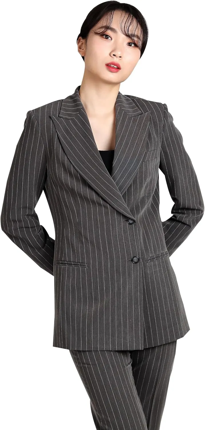 Women's Stripe Double Suit, Tailored Two-Button Jacket with Peaked Lapel, Structured Shoulder Pads, Slim Straight Pants