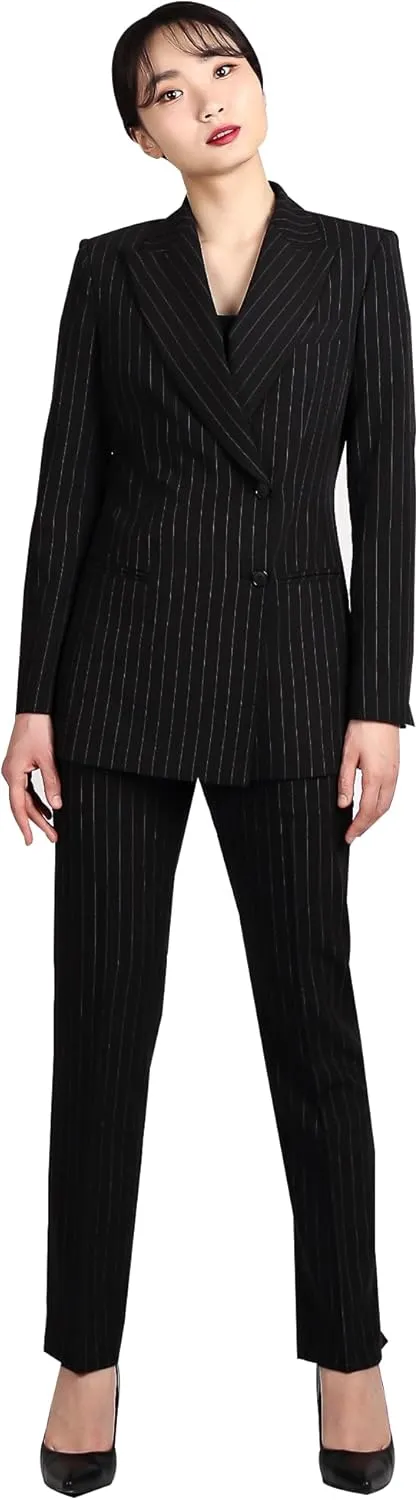 Women's Stripe Double Suit, Tailored Two-Button Jacket with Peaked Lapel, Structured Shoulder Pads, Slim Straight Pants
