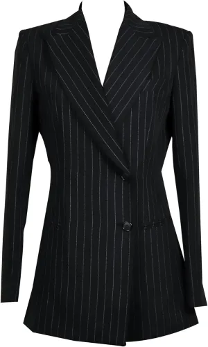 Women's Stripe Double Suit, Tailored Two-Button Jacket with Peaked Lapel, Structured Shoulder Pads, Slim Straight Pants