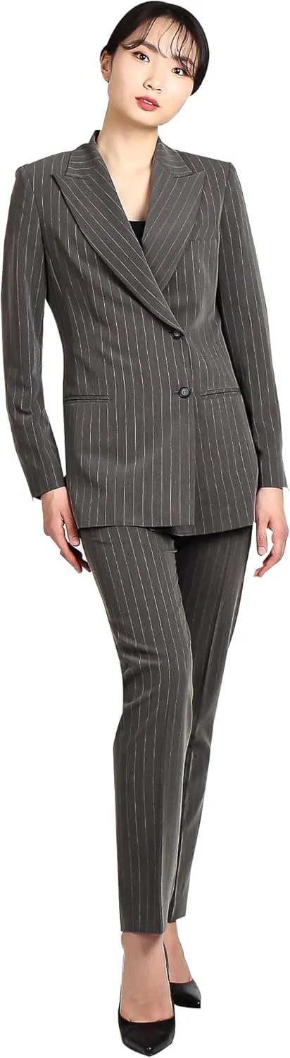 Women's Stripe Double Suit, Tailored Two-Button Jacket with Peaked Lapel, Structured Shoulder Pads, Slim Straight Pants