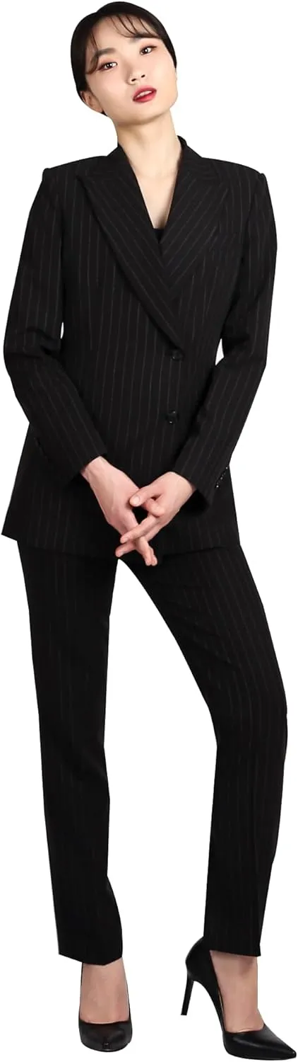 Women's Stripe Double Suit, Tailored Two-Button Jacket with Peaked Lapel, Structured Shoulder Pads, Slim Straight Pants
