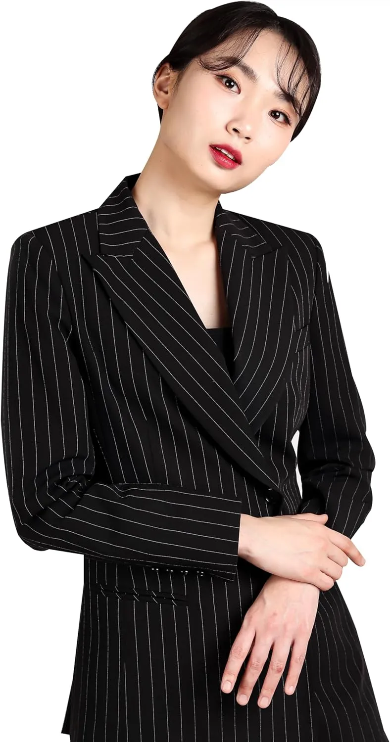 Women's Stripe Double Suit, Tailored Two-Button Jacket with Peaked Lapel, Structured Shoulder Pads, Slim Straight Pants