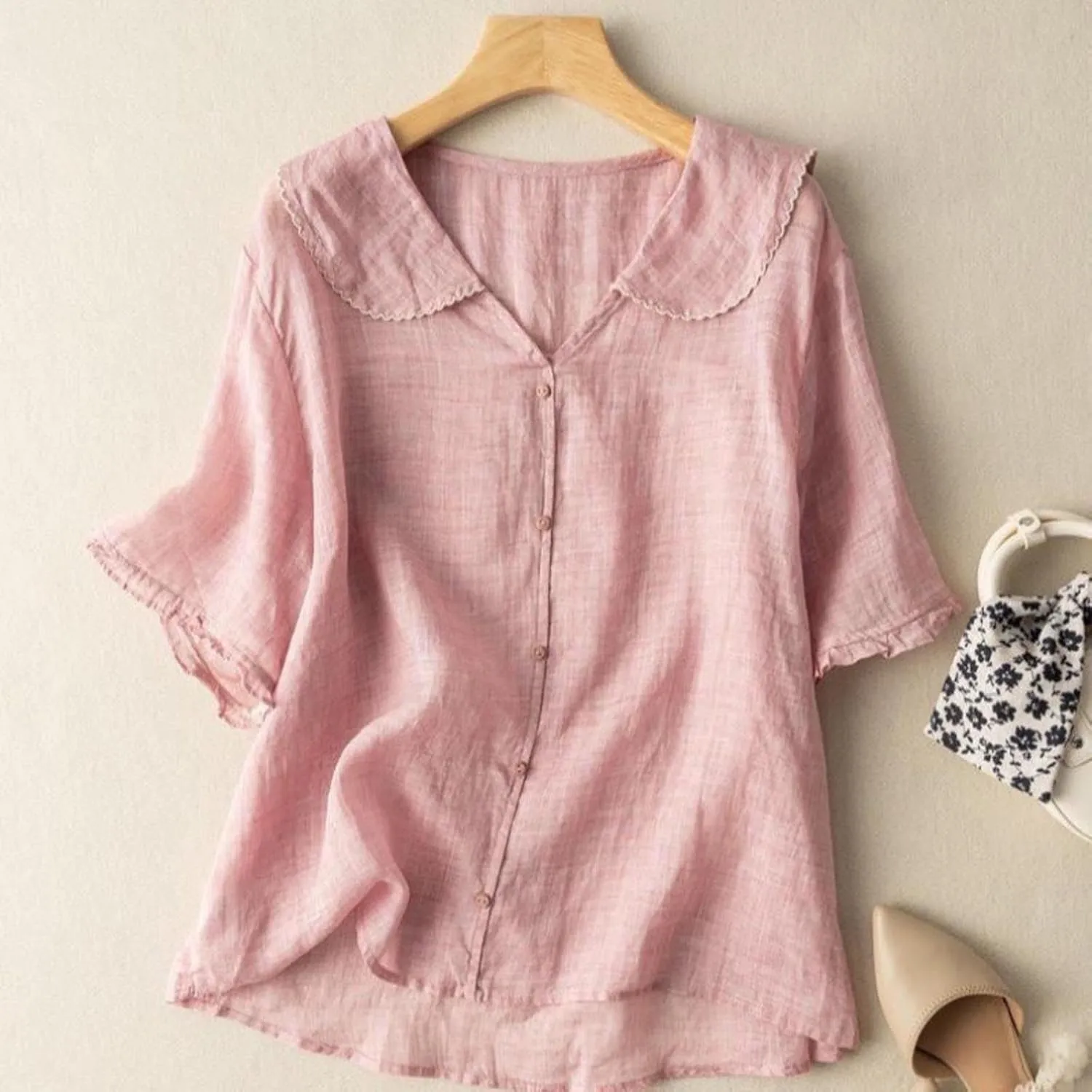 Women's Striped Button Down Shirts Spaghetti Strap Bell Sleeve Round Neck Trendy Boho T Shirts