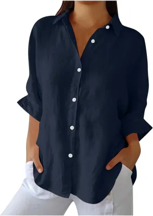 Womens Summer Long Sleeve Button Up Shirts Linen or Cotton Tops Plus Size Shirts Blouse Tunic Swimsuit Coverups Clothe