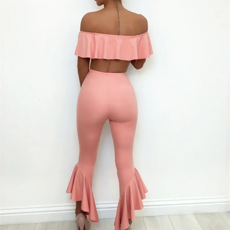 Women's Summer Polyester Off-Shoulder Two-Piece Jumpsuit With Ruffles