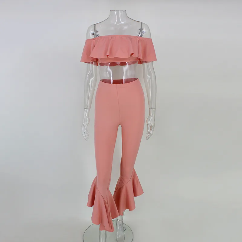 Women's Summer Polyester Off-Shoulder Two-Piece Jumpsuit With Ruffles
